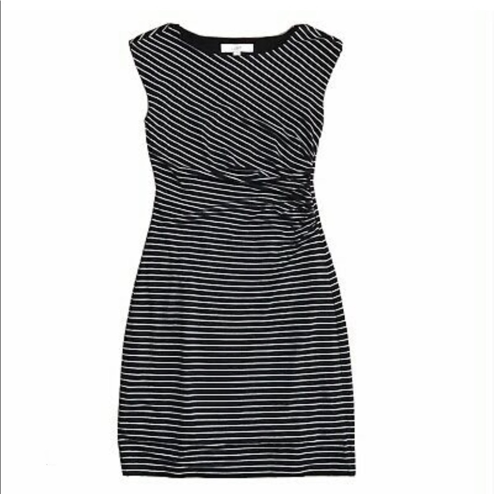 LOFT Women’s Dress Black & White Stripe Ruched Side Stretchy Size Large Petite